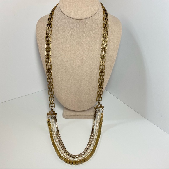 Ann Taylor Jewelry - Ann‎ Taylor Vintage Long Panther Chain Faux Pearl Rhinestone Antique Gold Tone